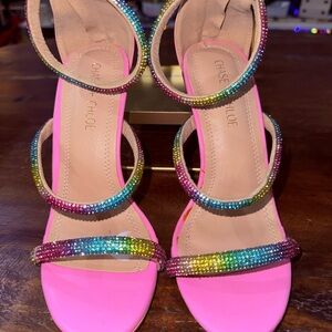 Chase + Chloe Hot Pink Strappy Heels with Rainbow Crystal Accents